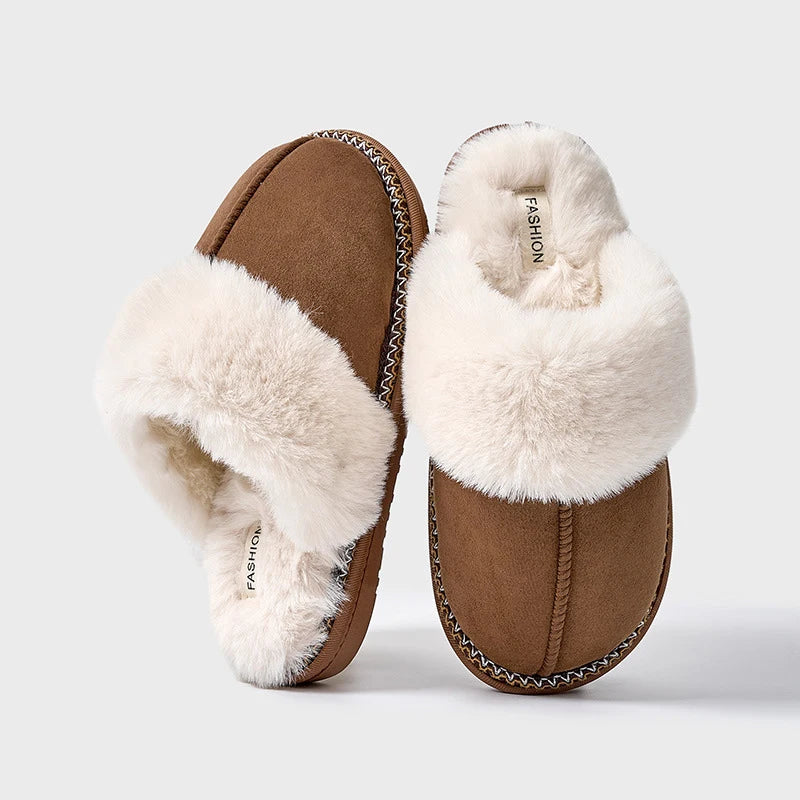 Mule slippers in a suede look with a big faux fur collar, braided trim and open heel - brown