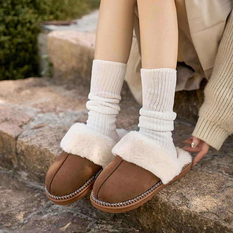 Mule slippers in a suede look with a big faux fur collar, braided trim and open heel - view 5