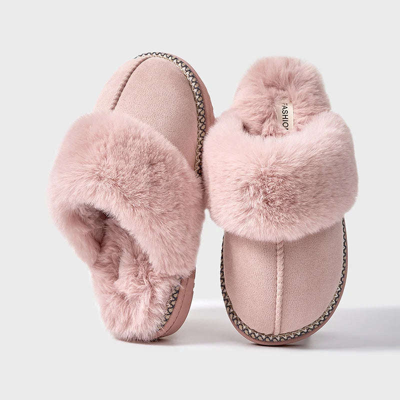 Mule slippers in a suede look with a big faux fur collar, braided trim and open heel - pink
