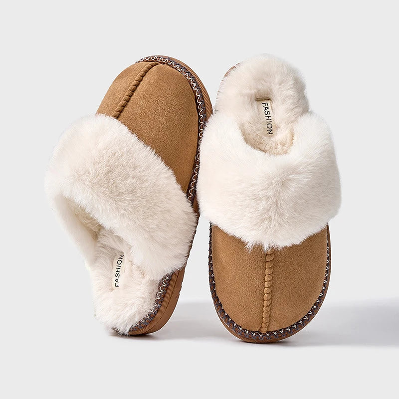 Mule slippers in a suede look with a big faux fur collar, braided trim and open heel - camel