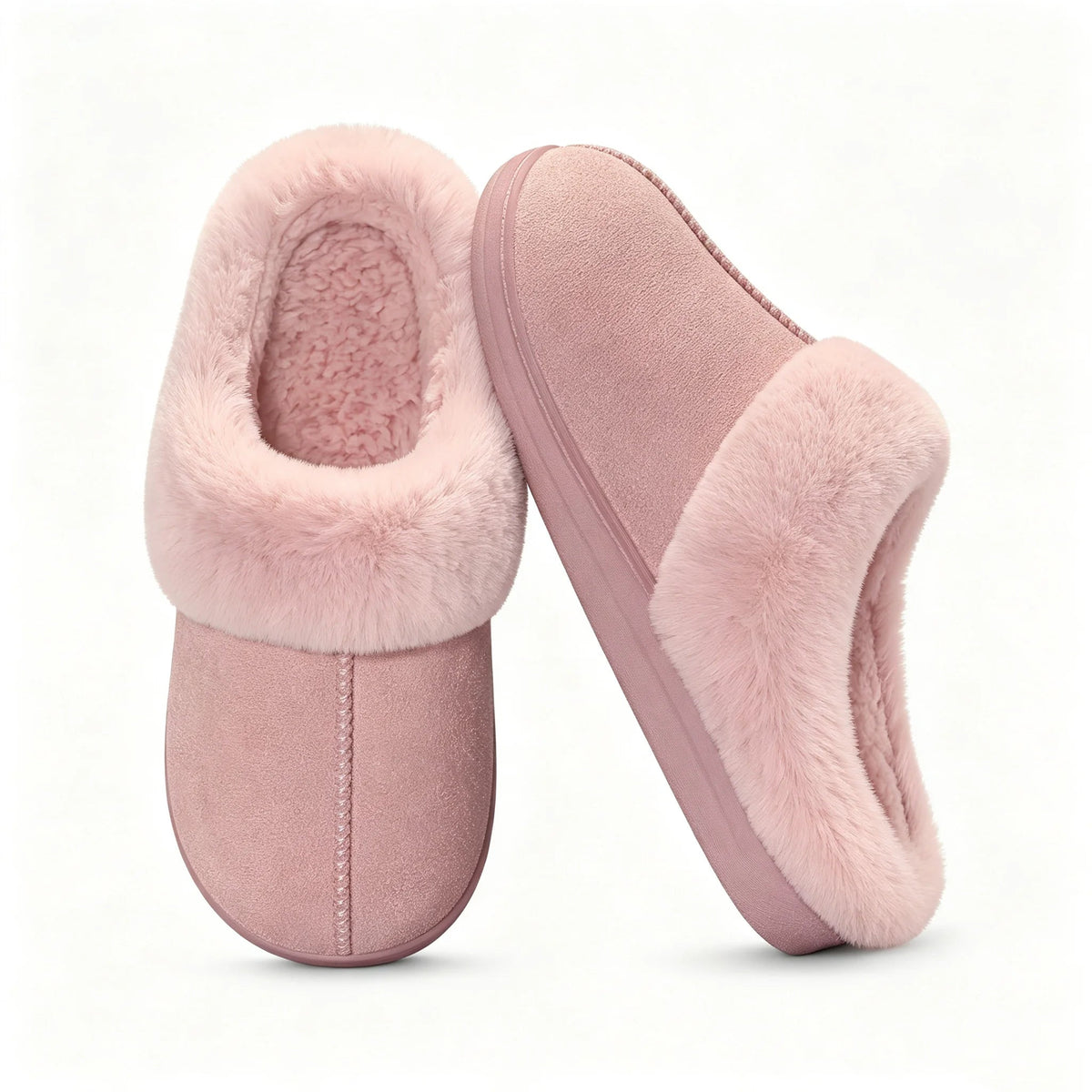 Mule slippers in a suede look with a thick faux fur collar, teddy lining and open heel - view 3