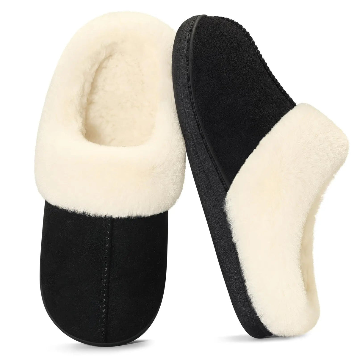 Mule slippers in a suede look with a thick faux fur collar, teddy lining and open heel - black