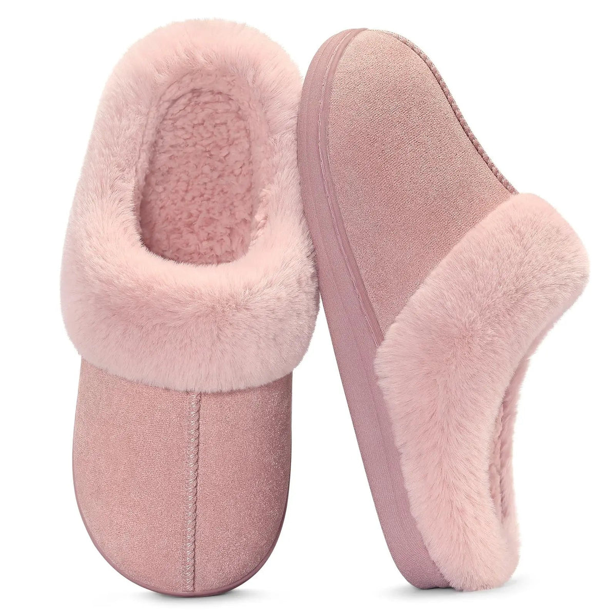 Mule slippers in a suede look with a thick faux fur collar, teddy lining and open heel - pink