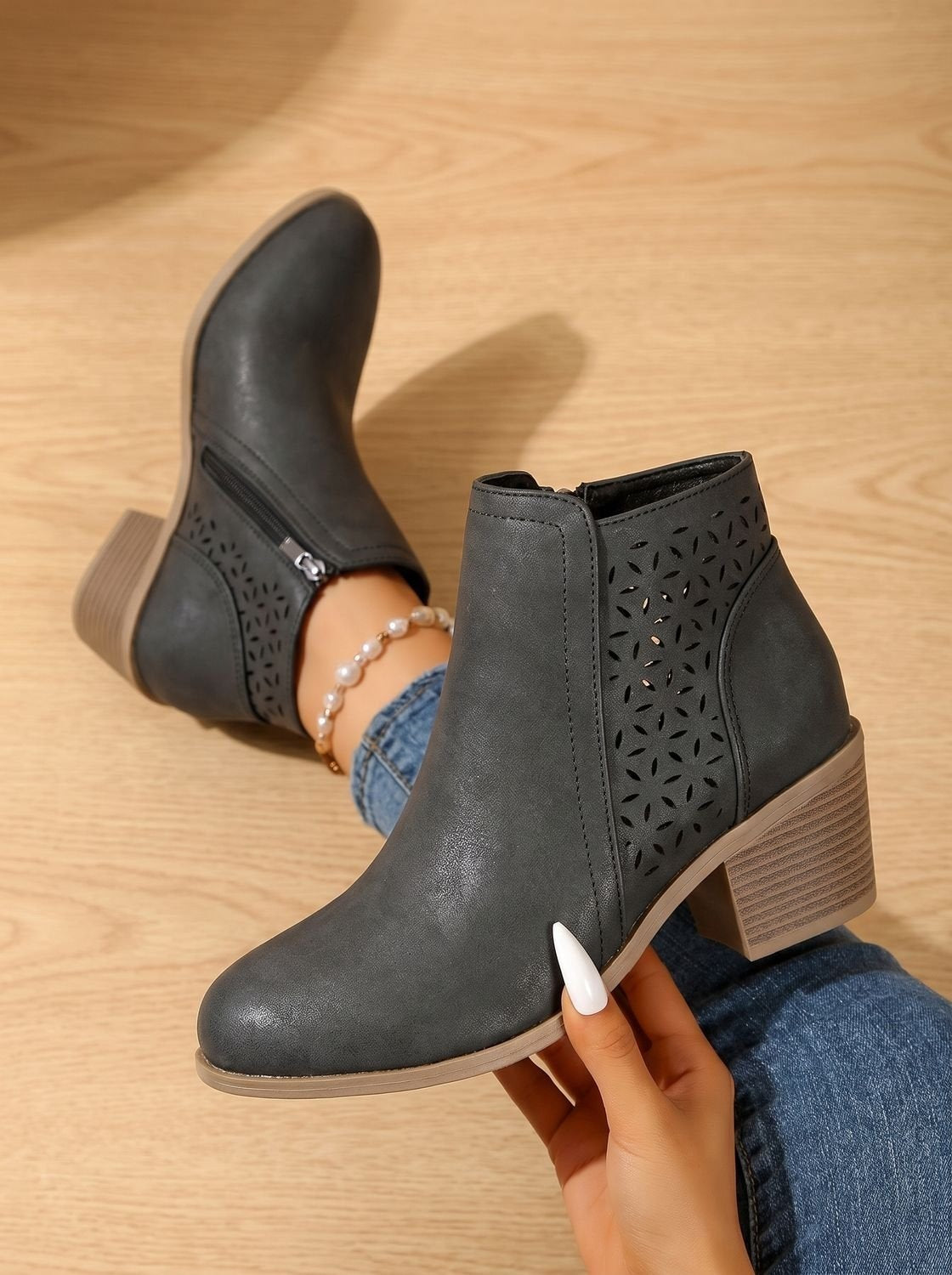 Women's orthopaedic ankle boots with a block heel and cut-out floral pattern - view 6