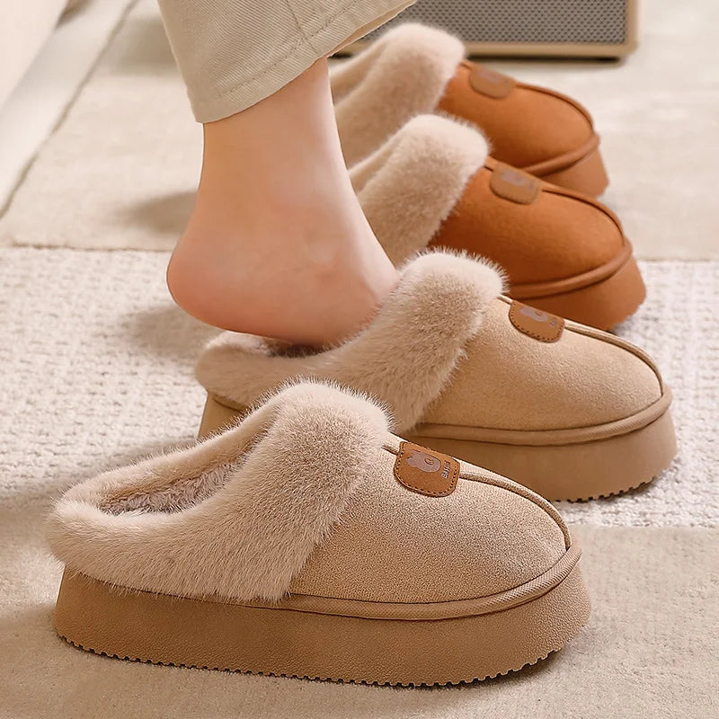 Women's platform mule slippers in a suede look with a wide plush trim and open back - view 2