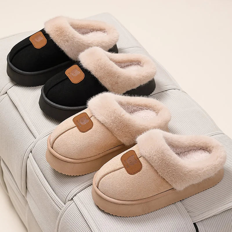 Women's platform mule slippers in a suede look with a wide plush trim and open back - view 3