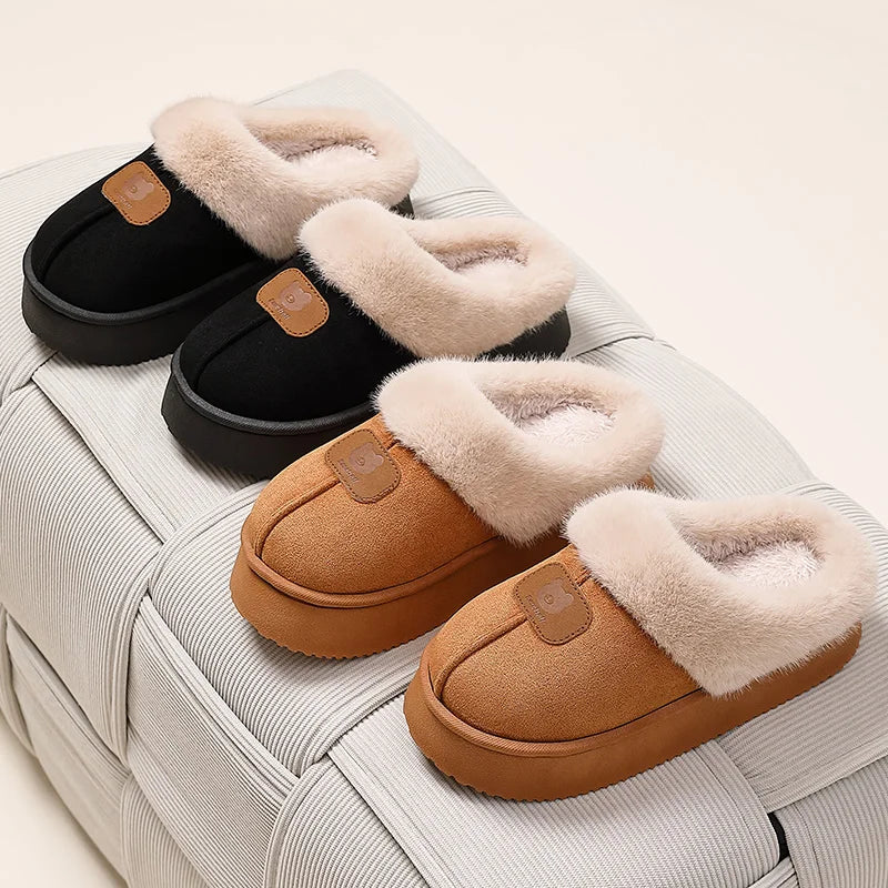 Women's platform mule slippers in a suede look with a wide plush trim and open back - view 4