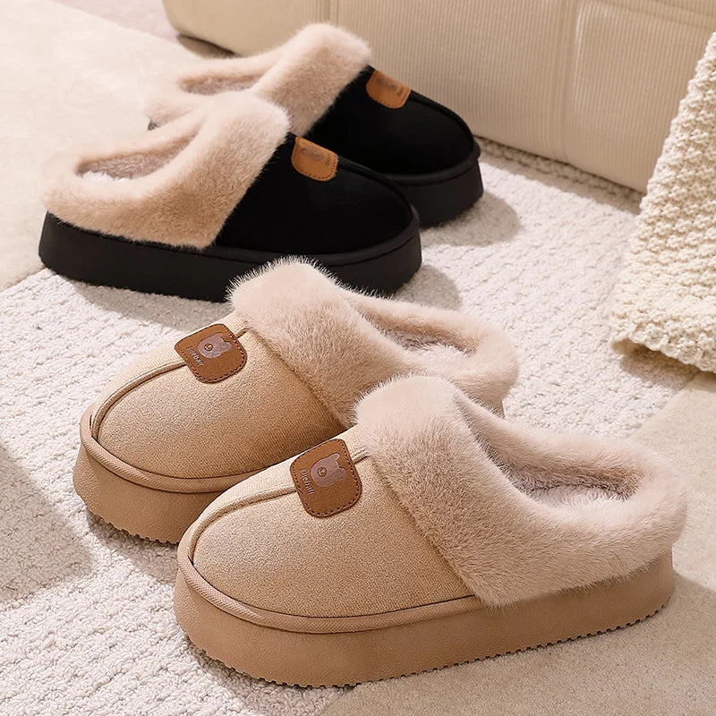 Women's platform mule slippers in a suede look with a wide plush trim and open back - view 5