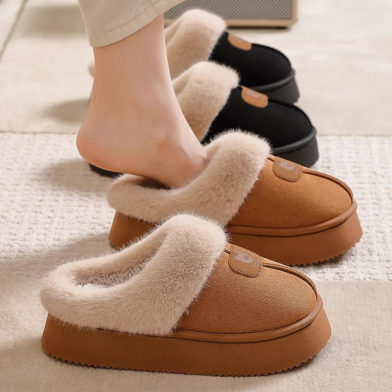 Women's platform mule slippers in a suede look with a wide plush trim and open back - view 6