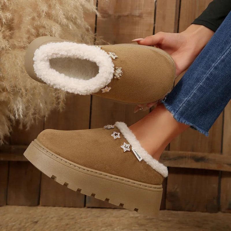 Platform mule slippers in a suede look with plush cuff and crystal stars - view 2