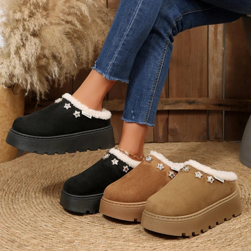 Platform mule slippers in a suede look with plush cuff and crystal stars - view 4