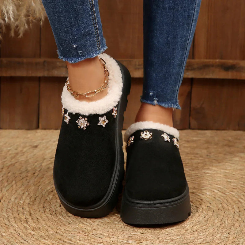 Platform mule slippers in a suede look with plush cuff and crystal stars - view 6
