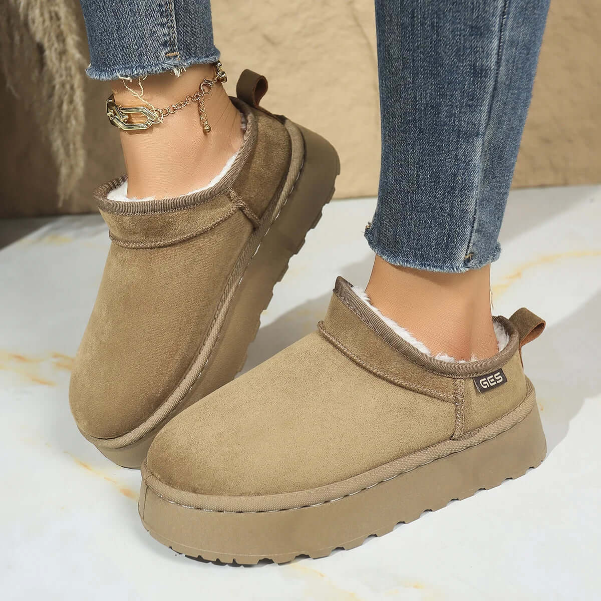 Women's platform slipper booties in suede look with plush lining and heel tab - view 4