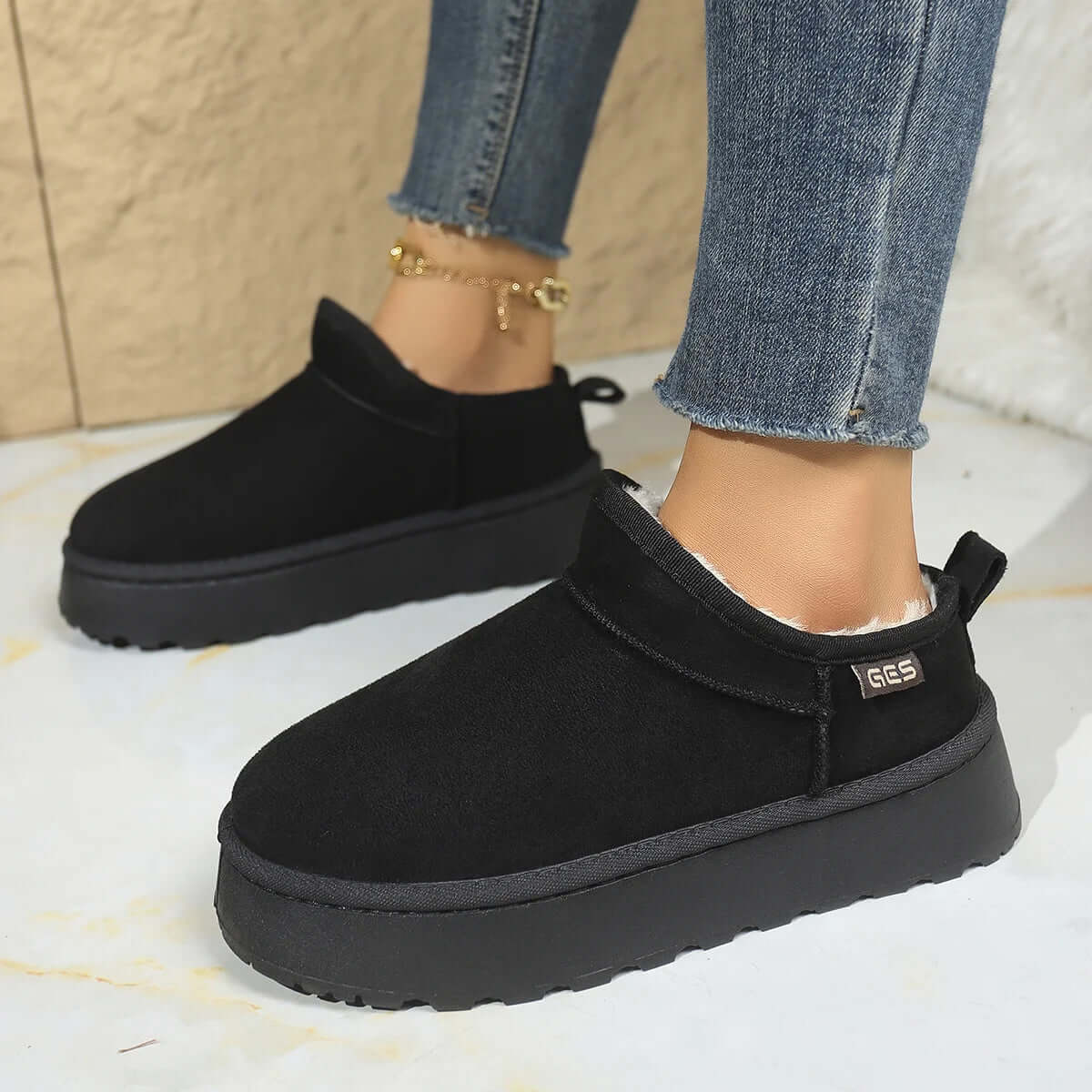 Women's platform slipper booties in suede look with plush lining and heel tab - view 5