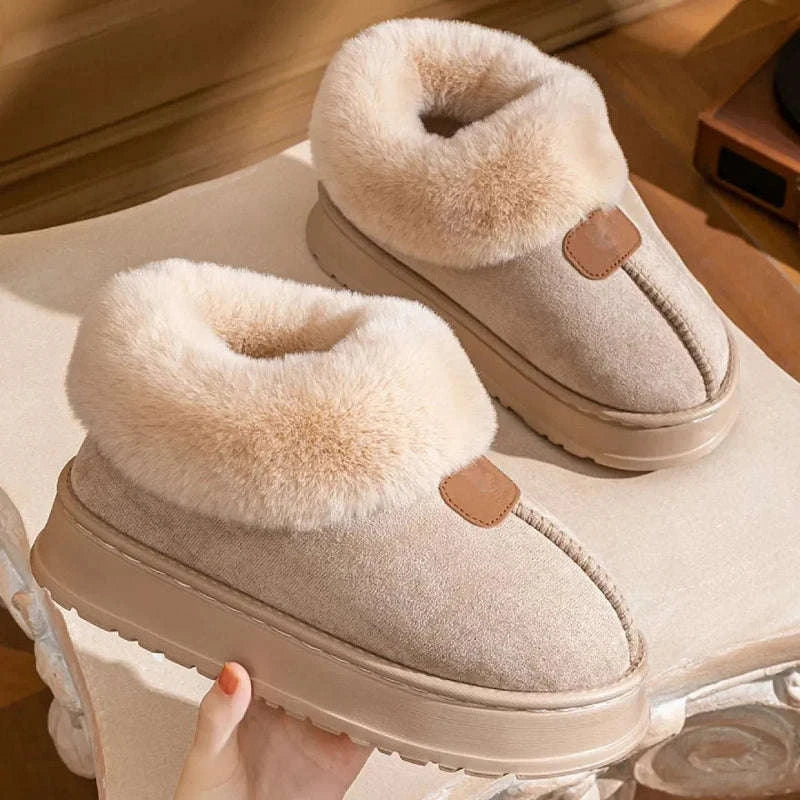 Women's platform slippers in a suede look with a fold-down faux fur collar and thick rubber sole - beige