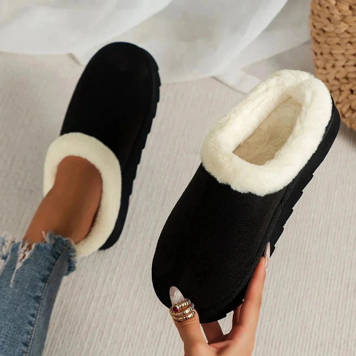 Women's platform slippers in suede look with plush trim and a thick ridged sole - view 10