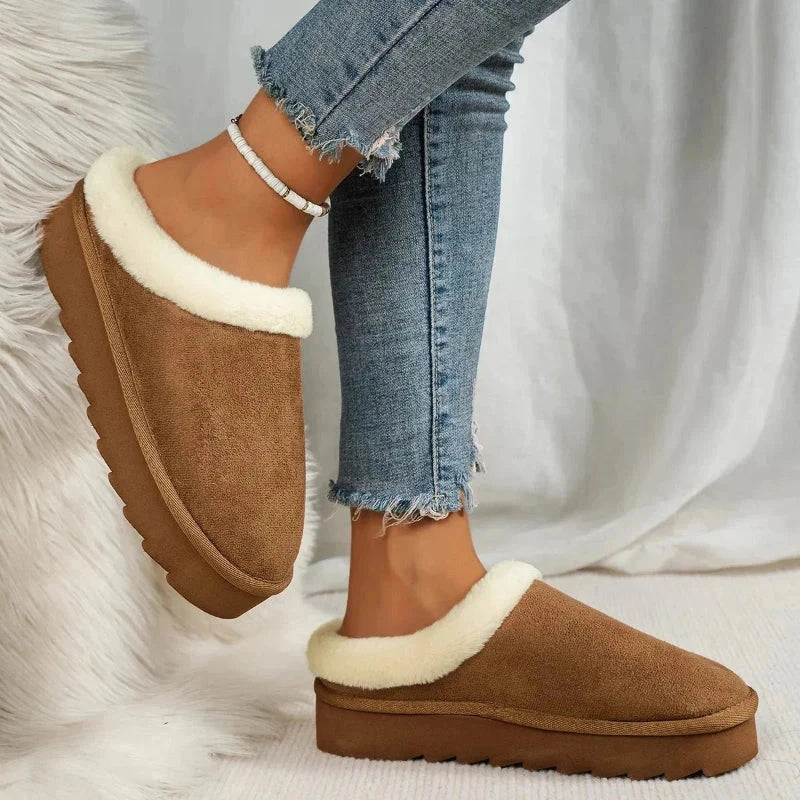Women's platform slippers in suede look with plush trim and a thick ridged sole - view 5