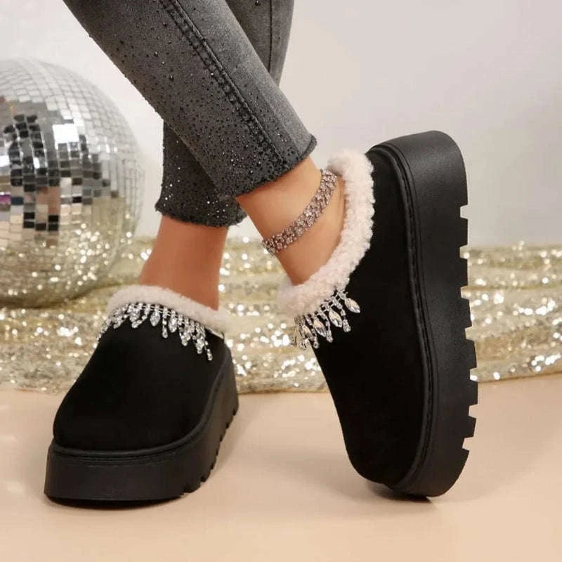 Platform slippers in a suede look with plush collar, rhinestone fringe and thick lug sole - black