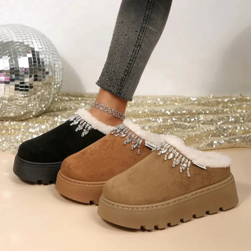 Platform slippers in a suede look with plush collar, rhinestone fringe and thick lug sole - view 3