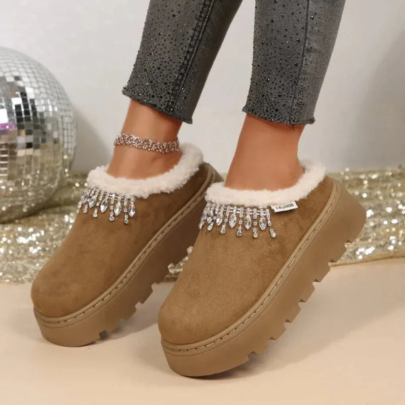 Platform slippers in a suede look with plush collar, rhinestone fringe and thick lug sole - khaki