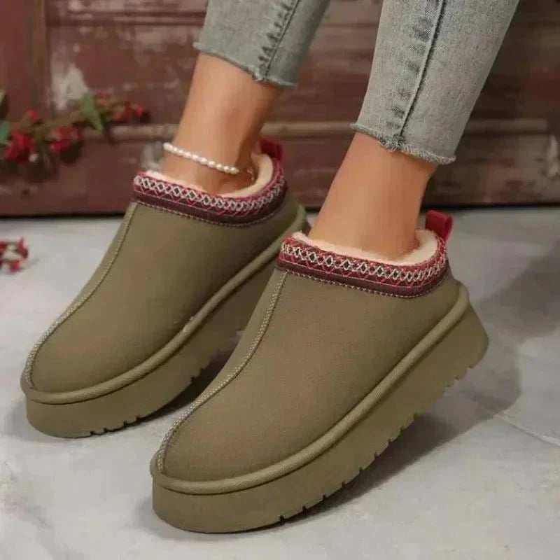 Platform slippers in a suede look with plush lining and embroidered trim - khaki