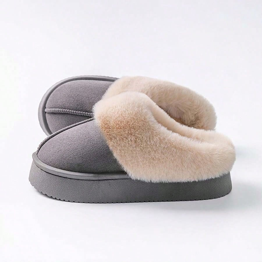 Platform slippers for women in suede look with a wide fold-over plush collar and thick sole - grey