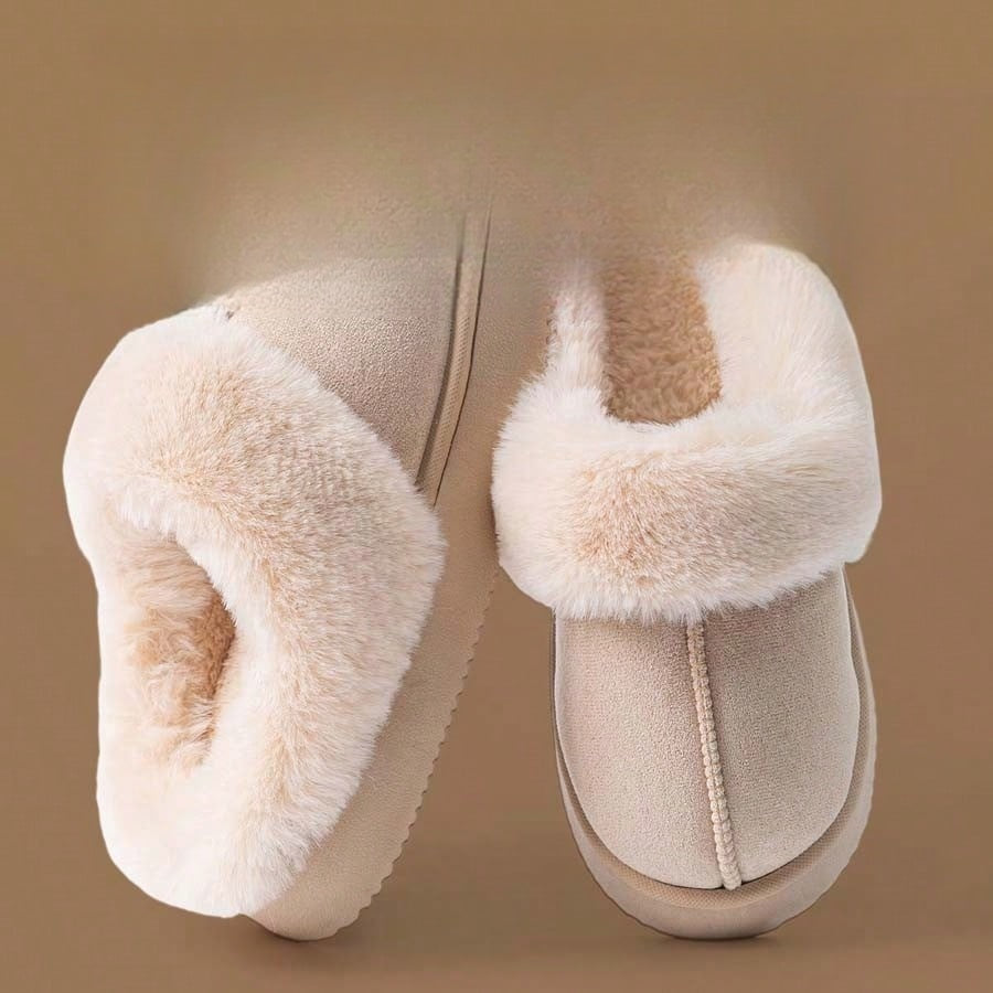 Platform slippers for women in suede look with a wide fold-over plush collar and thick sole - cream