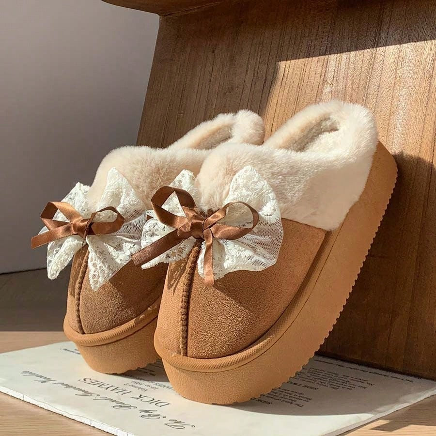 Platform slippers for women in suede look with a wide fold-over plush collar and thick sole - camel with bow