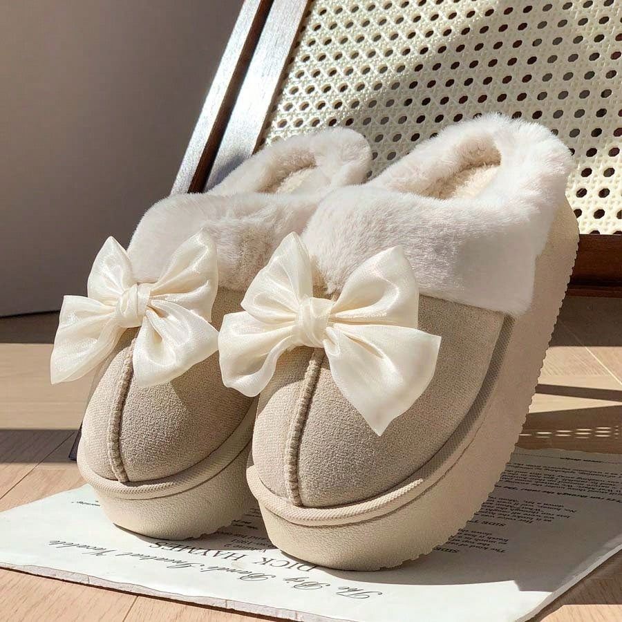 Platform slippers for women in suede look with a wide fold-over plush collar and thick sole - beige with bow