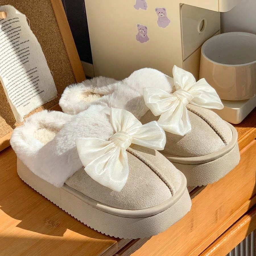 Platform slippers for women in suede look with a wide fold-over plush collar and thick sole - view 9
