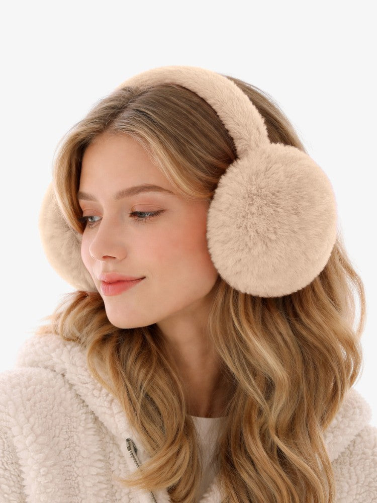 Women's plush earmuffs with round ear cups and an adjustable headband - beige