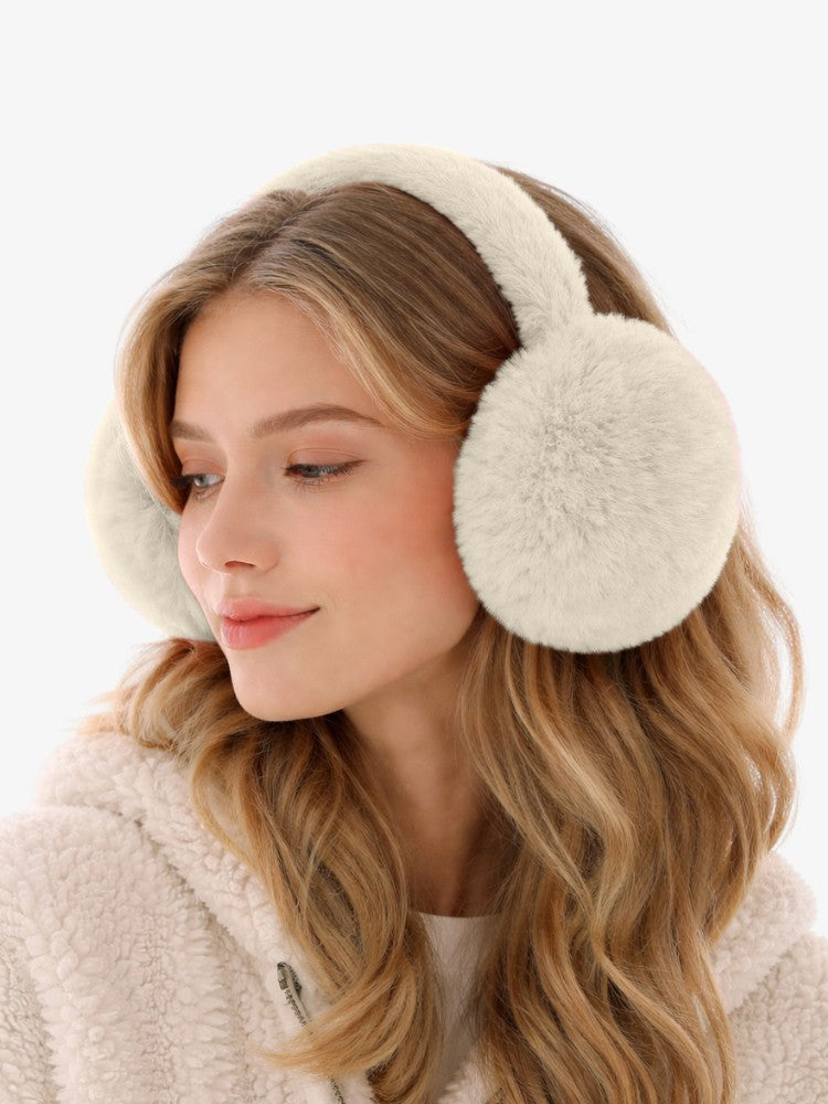 Women's plush earmuffs with round ear cups and an adjustable headband - cream