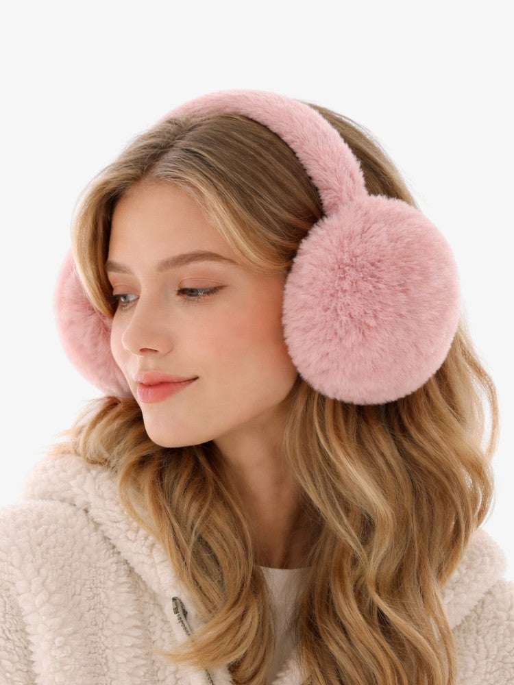 Women's plush earmuffs with round ear cups and an adjustable headband - pink