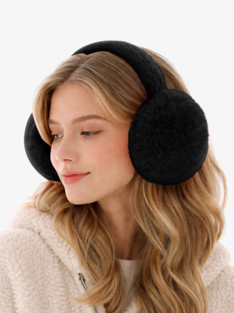 Women's plush earmuffs with round ear cups and an adjustable headband - black