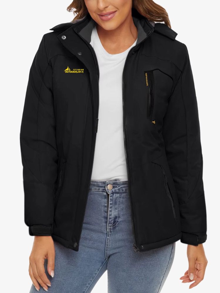 Women's ski jacket with fleece lining, a hood and zipped pockets - black