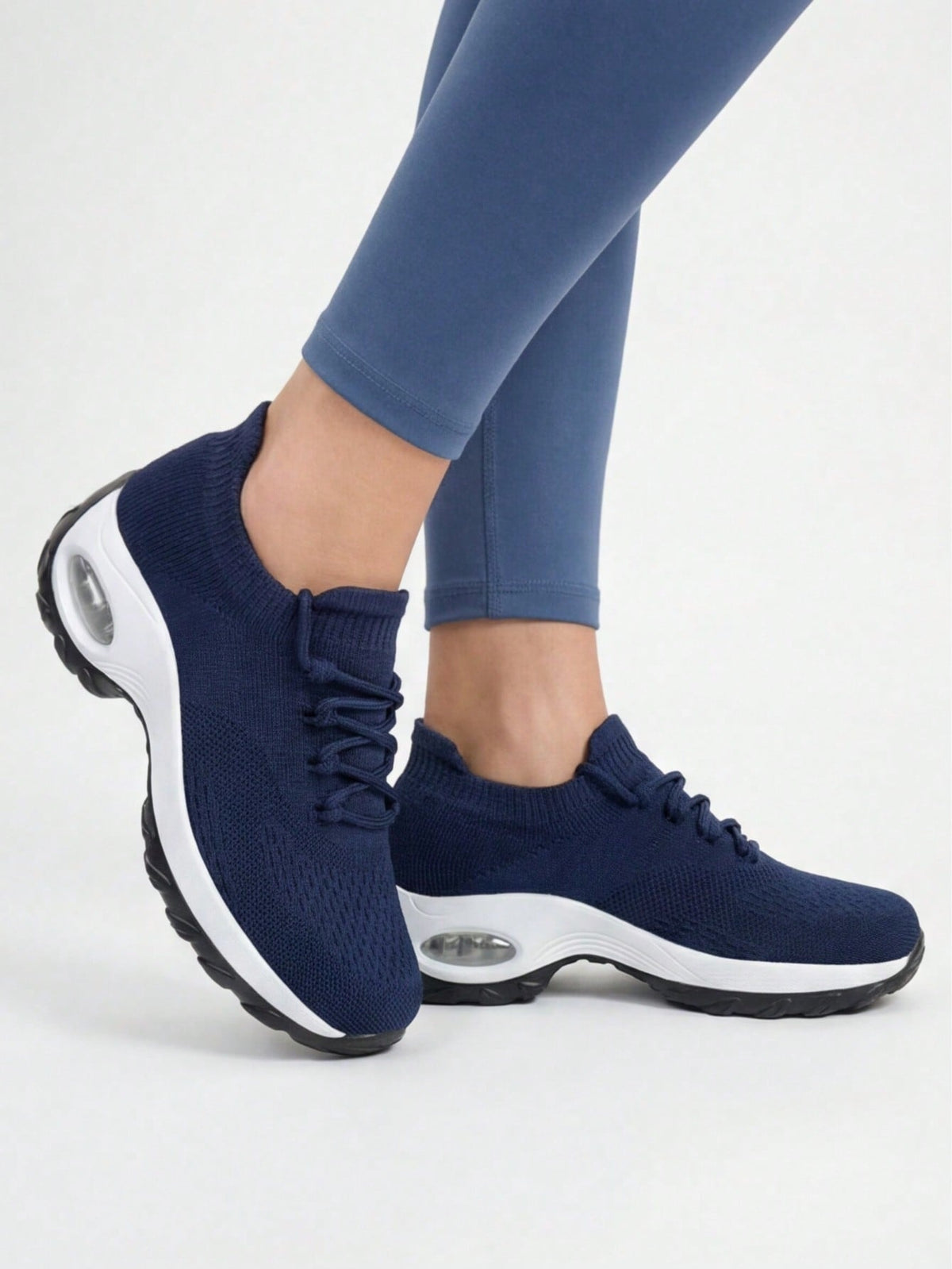 Slip-on trainers for women with knit sock collar, decorative laces and thick air cushion sole - view 12