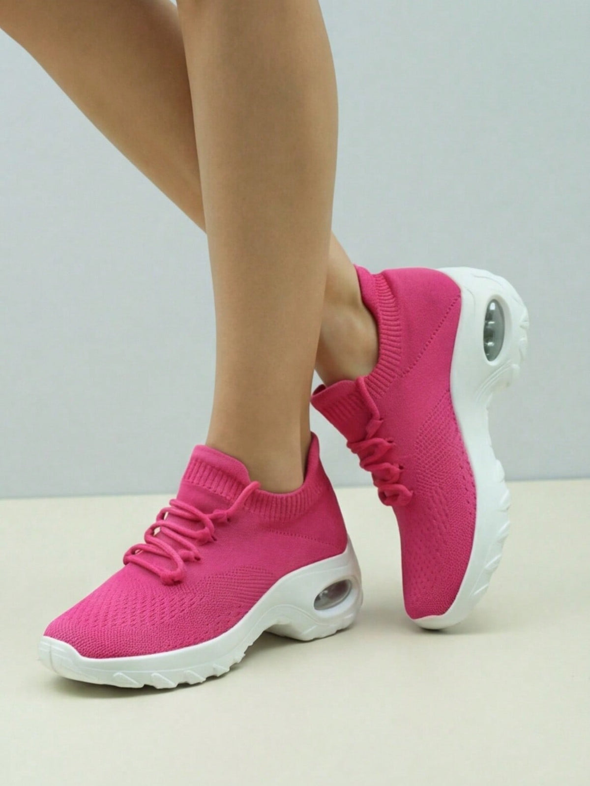 Slip-on trainers for women with knit sock collar, decorative laces and thick air cushion sole - view 13