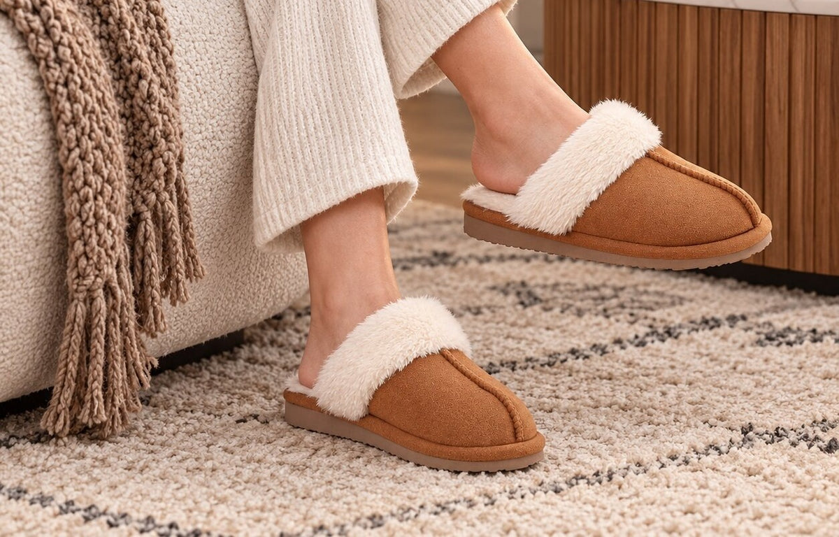 Women's suede-look slippers with memory foam and a wide plush collar - view 2