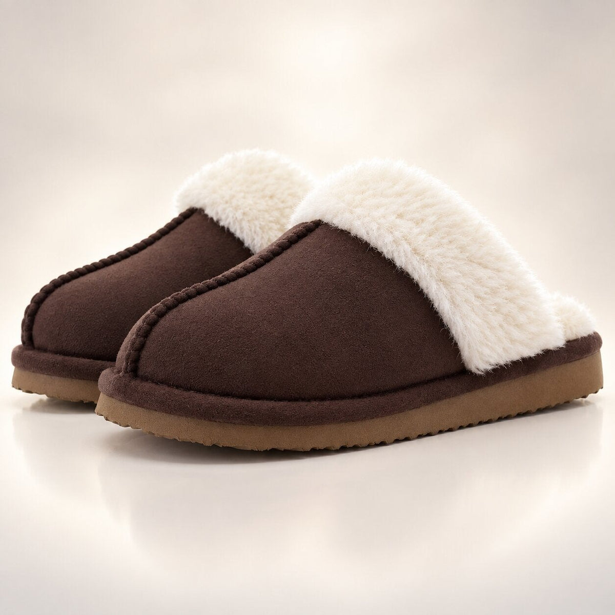 Women's suede-look slippers with memory foam and a wide plush collar - dark brown
