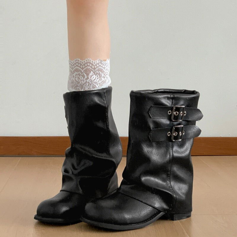 Women's slouch ankle boots in PU leather with two buckle straps and a ruched shaft - view 4