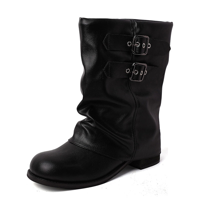 Women's slouch ankle boots in PU leather with two buckle straps and a ruched shaft - view 8