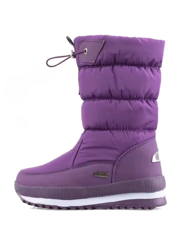 Women's snow boots with a quilted shaft, drawcord top and plush lining - purple