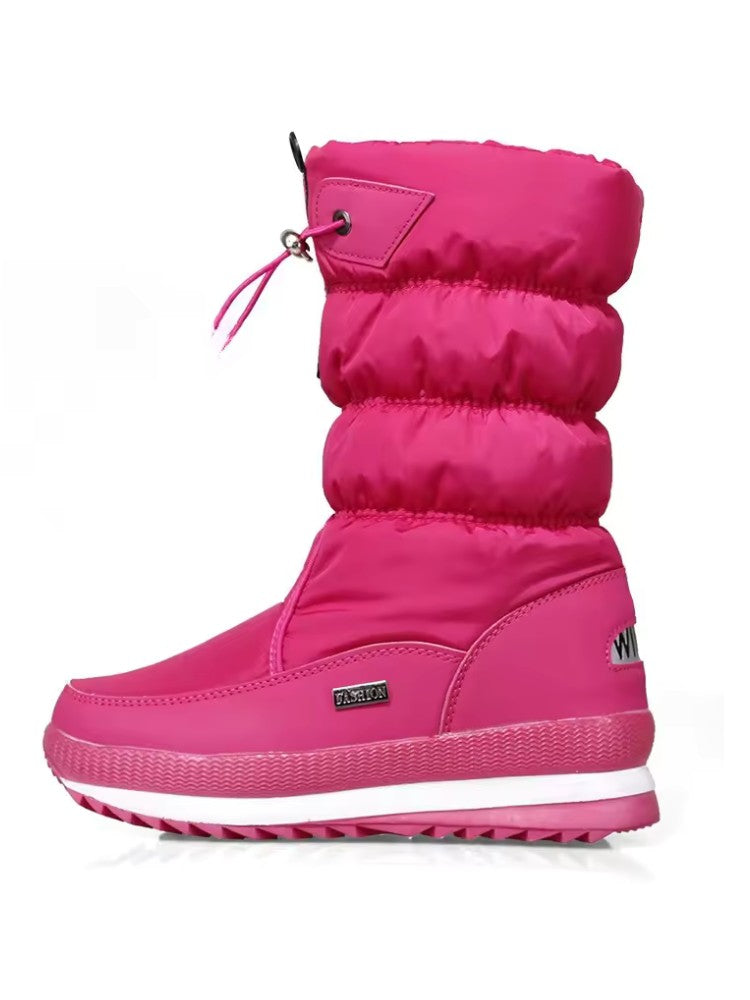 Women's snow boots with a quilted shaft, drawcord top and plush lining - fuchsia
