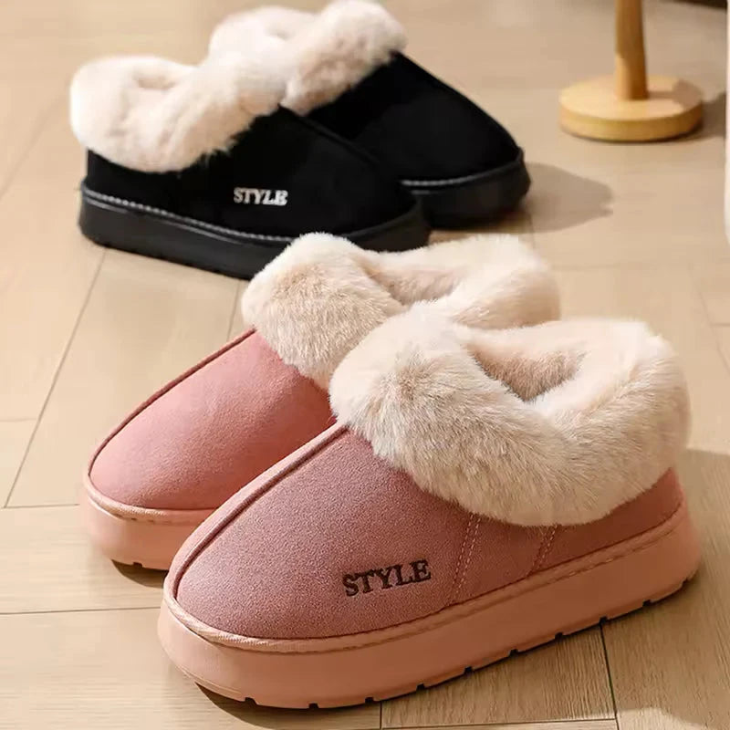 Women's short snow boots in suede look with wide plush collar and thick platform sole - view 2