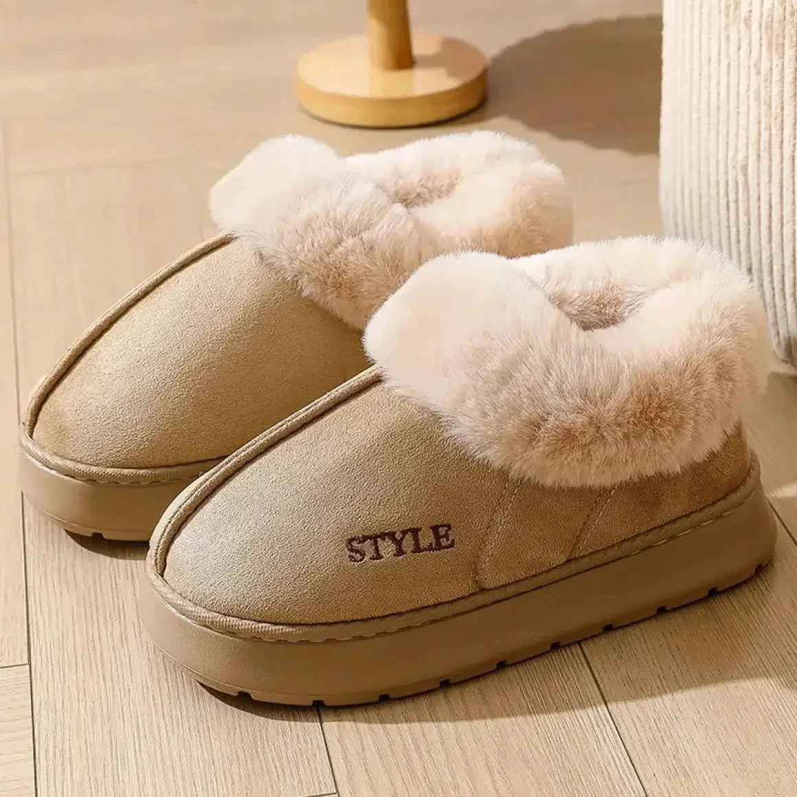 Women's short snow boots in suede look with wide plush collar and thick platform sole - beige