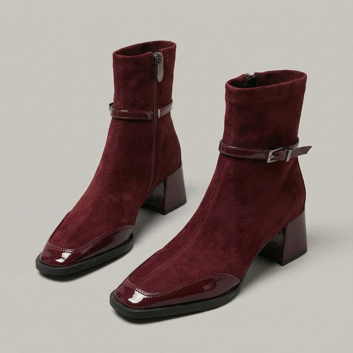 Women's square-toe ankle boots with a block heel and buckle strap - burgundy