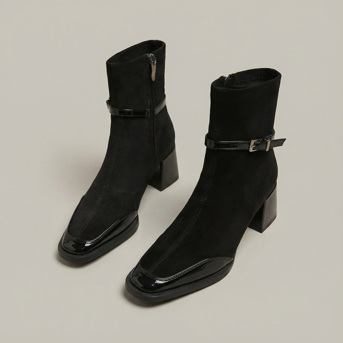 Women's square-toe ankle boots with a block heel and buckle strap - black