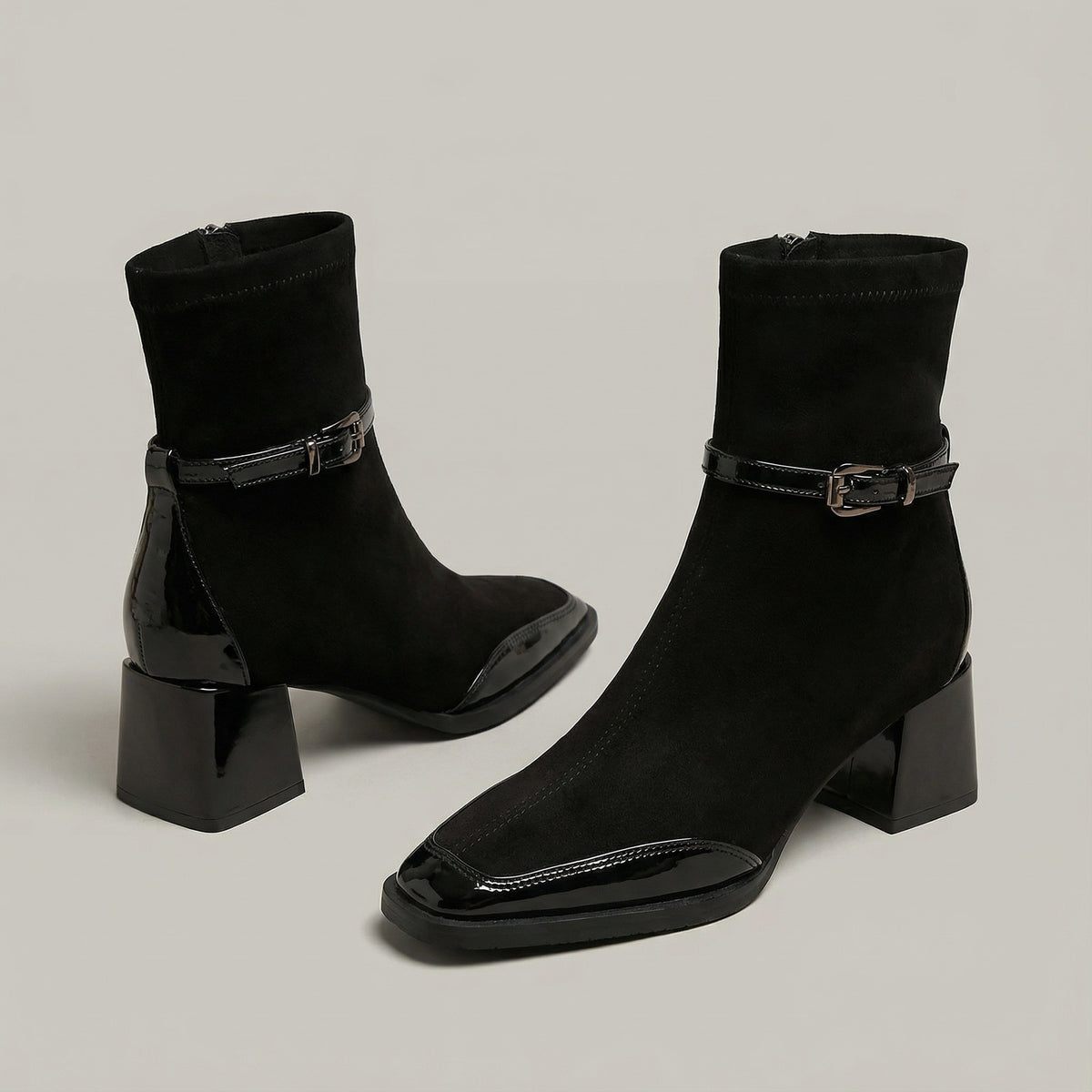 Women's square-toe ankle boots with a block heel and buckle strap - view 6