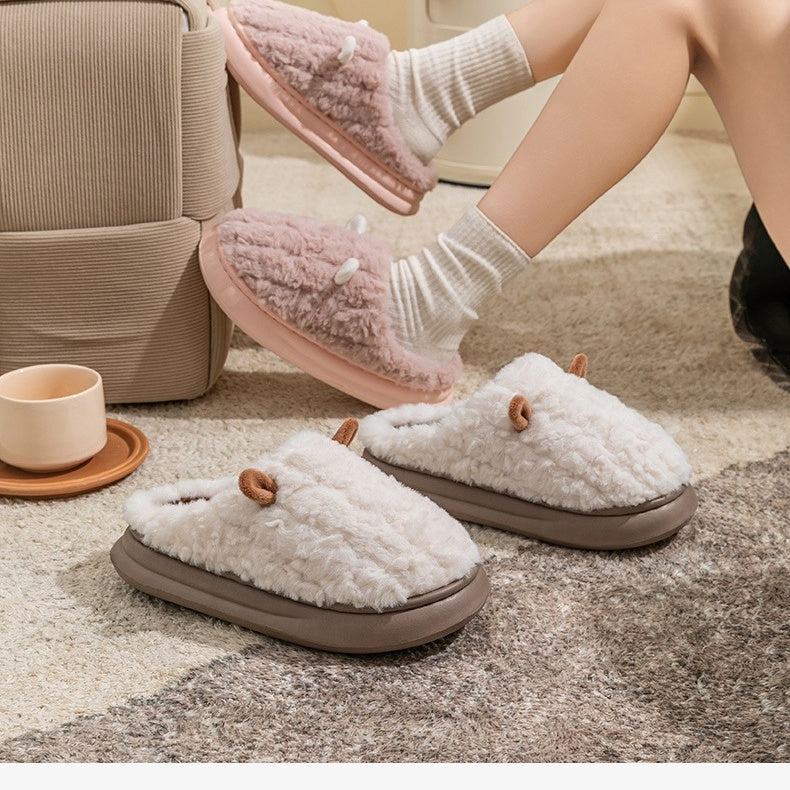 Teddy slippers for women with two little ears on the toe, plush lining and thick sole - view 12