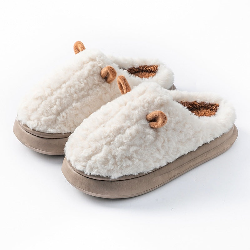 Teddy slippers for women with two little ears on the toe, plush lining and thick sole - cream